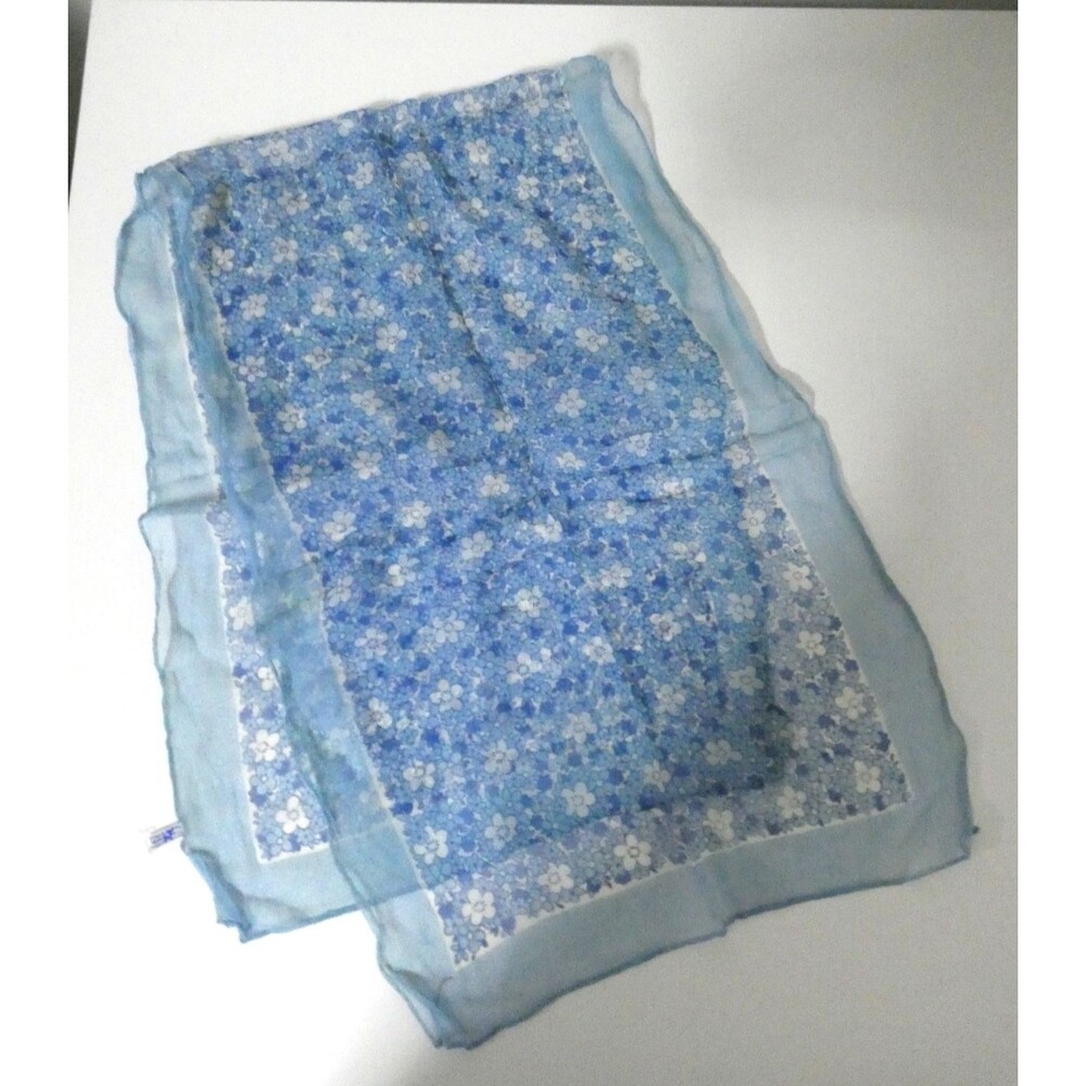 VTG Japan Chiffon Scarf Light Blue White Floral Rectangular 42"x14" Rayon Sheer